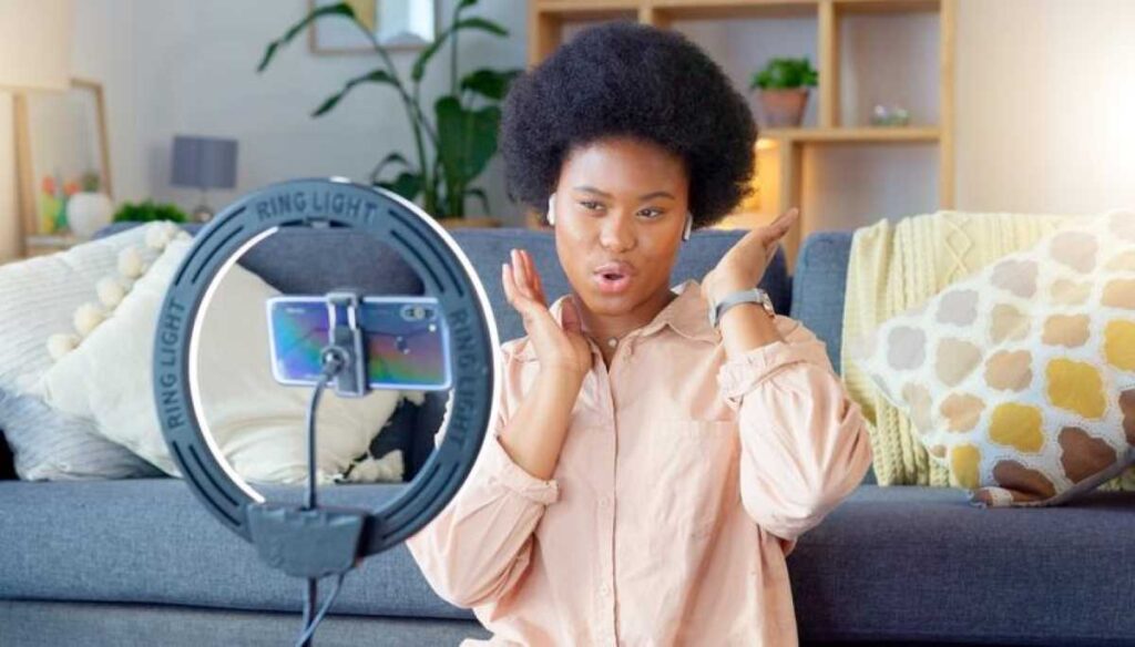 Woman recording a self-tape or monologue for audition