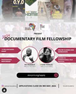 Flyer for Documentary Film Fellowship Program for creatives in Nigeria organized by French Embassy in Nigeria and StoryMi  as shared by https://Wakacast.com the leading online filmmaking platform in Nigeria - Connecting talents and creators in Africa