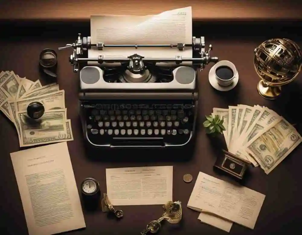 Manual Typewriter on a table with dollar bills on the side