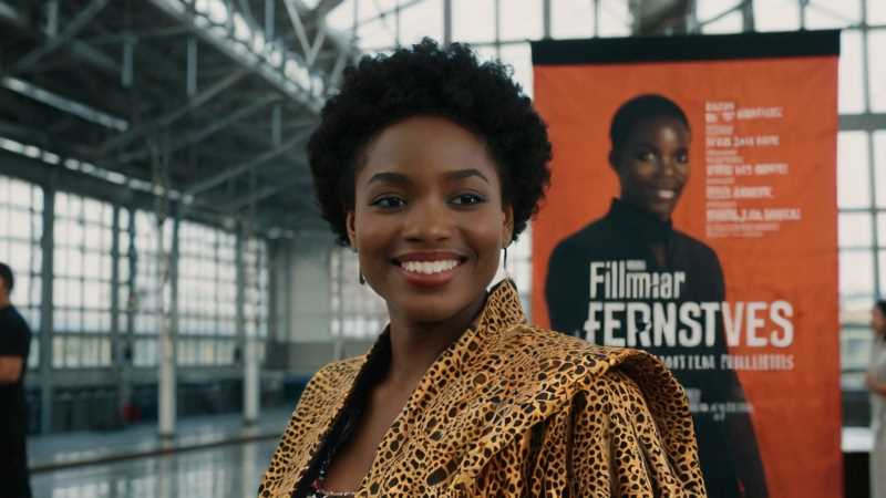 Film Festivals: Why They Are Important For Success AS A Filmmaker - A woman in African attire standing in front of a banner at a film festival - https://wakacast.com